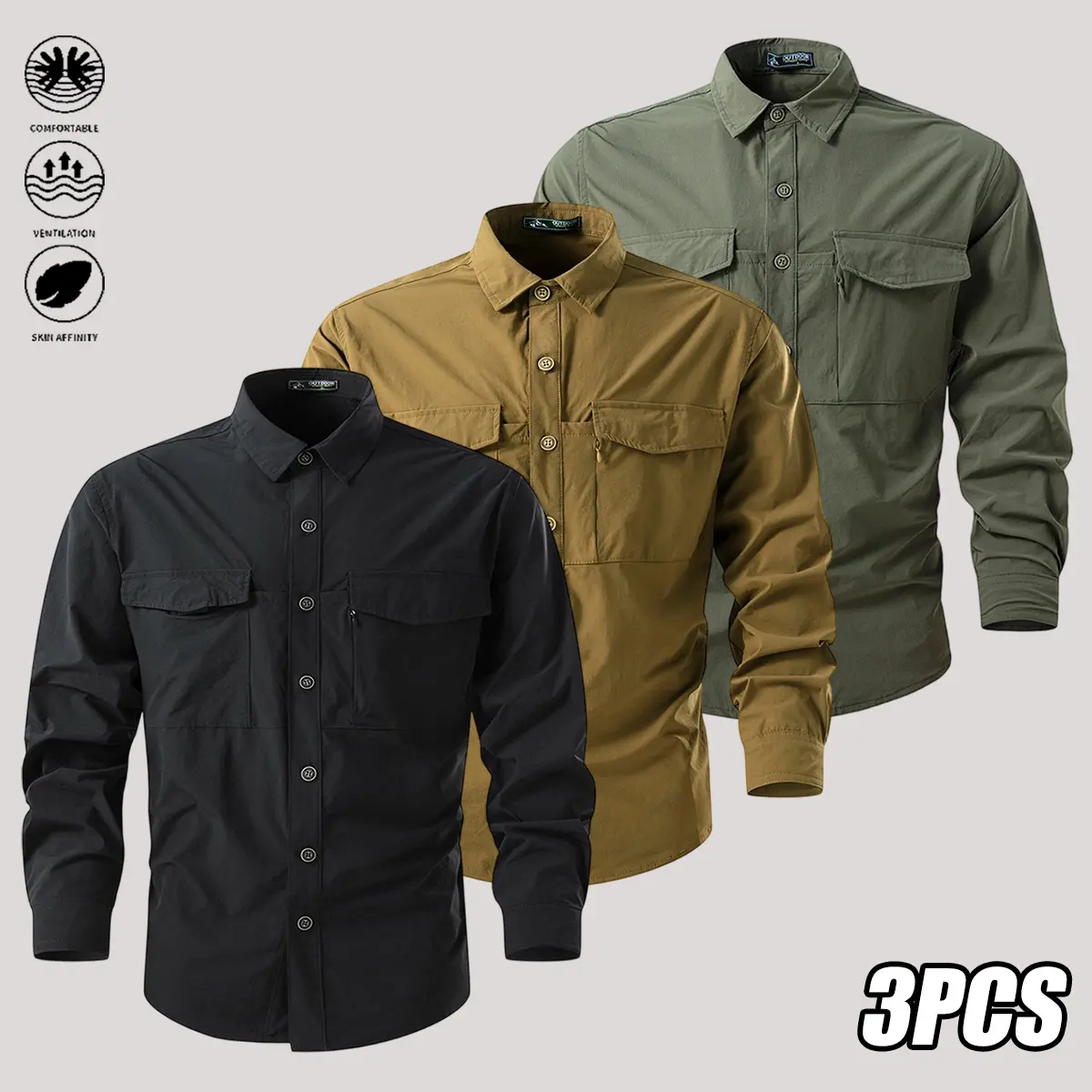 3PCS Men’s Long Sleeve Shirts — Slim Fit Business Casual Shirt, Muscle Fit Casual Shirt, Wrinkle-Free Long Sleeve Shirt, Modern Slim Fit Anti-Wrinkle Business Casual Shirt, Elegant Smooth Satin, Men’s Clothing, Button-Front Shirt, Fitness Style Men’s Shir