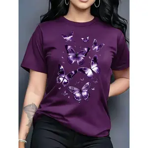 100% Cotton Women's Bright Pink and Purple Butterfly Print T-Shirt - Short Sleeve Round Neck Casual Summer Top, Colorful Butterfly Design, Lightweight Spring Summer Shirt, Pink and Purple Butterfly Pattern Print, Ready-to-Wear Women's Fashion