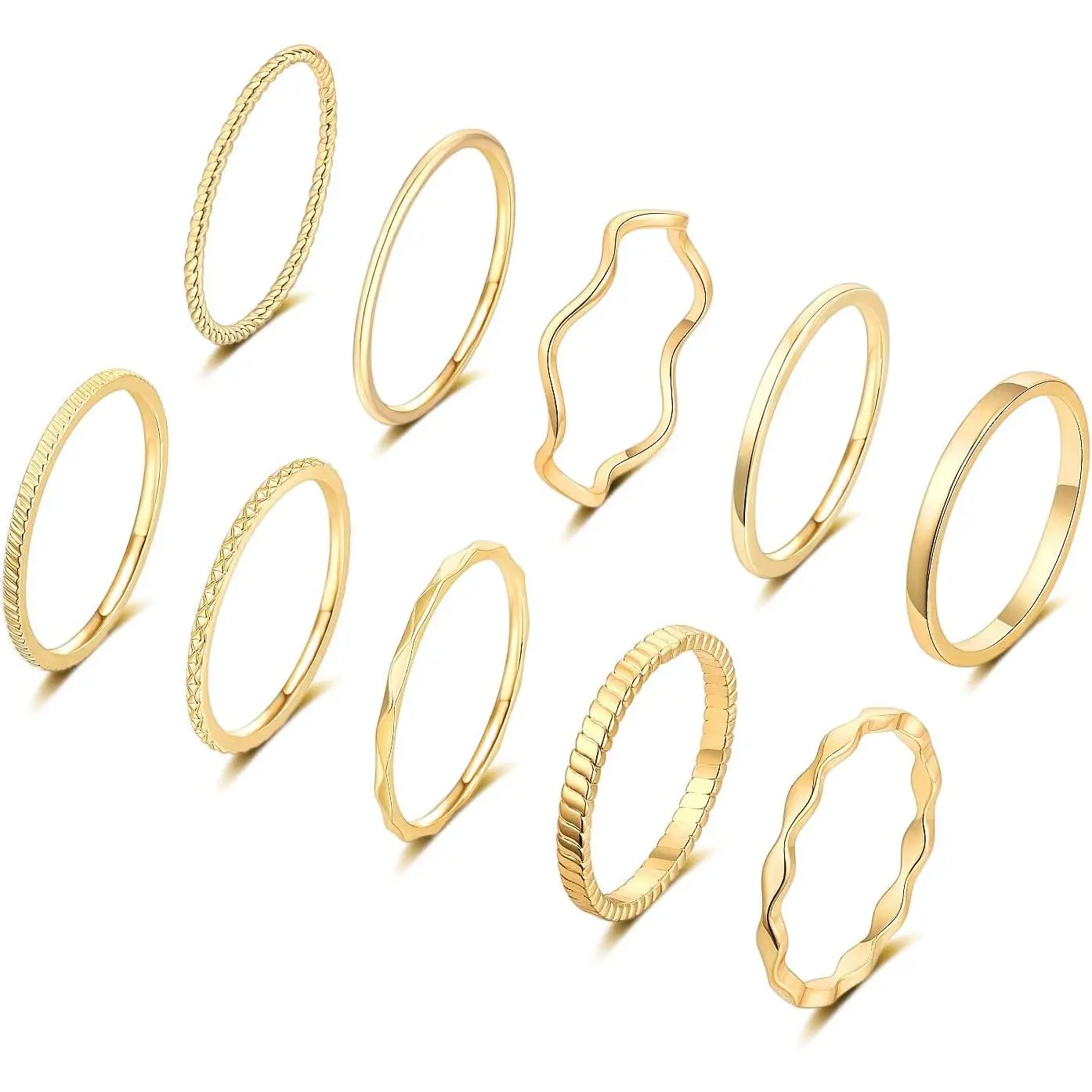Women's NBB1 10 Pcs 1-2mm 18 Karat Gold Plated Fashion Stackable Rings, Simple Comfort Fit Band Knuckle Midi Rings, Elegant Classic Minimalist Costume Jewelry