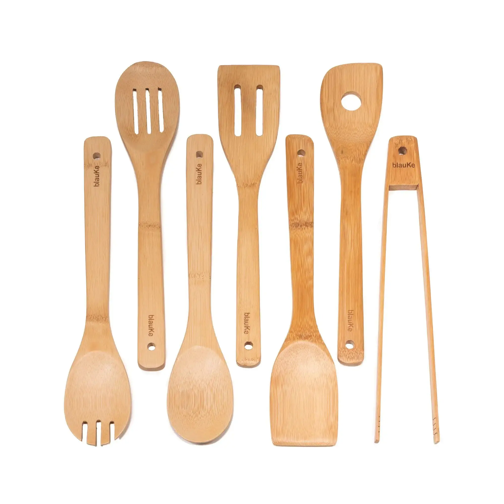 Bamboo Kitchen Utensils Set 7-Pack - Cooking Spoons, Spatulas, Turner, Tongs
