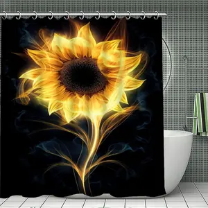 Sunflower Floral Shower Curtain Set, Waterproof Fabric, Includes 12 Hooks, Non-Slip Bathroom Mat, U-Shaped Toilet Pad, Bath Decor