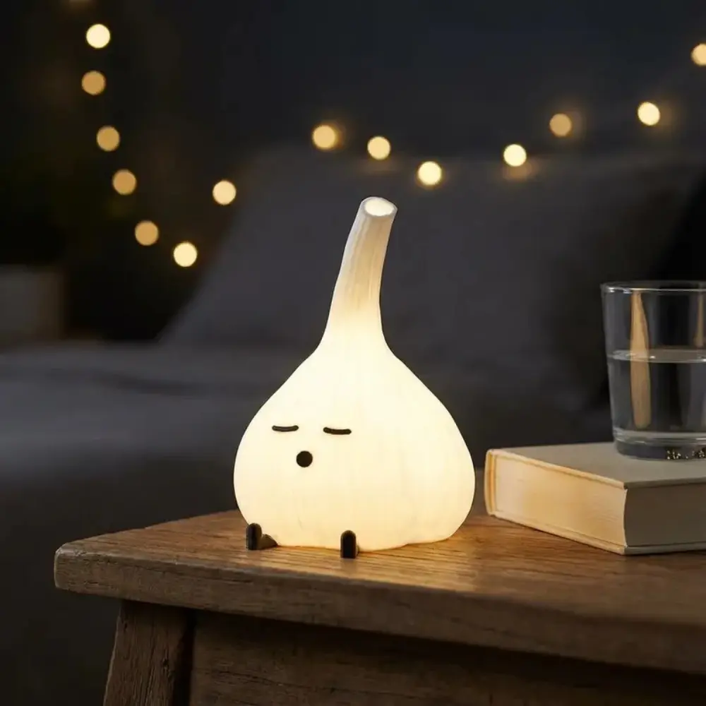 Cute Garlic Night Light | Kawaii Kitchen Decor Lamp | Funny Foodie Gift | Vampire Repellent Desk Buddy | USB Powered Vegetable Mood Lighting