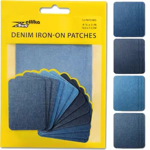 Denim Iron-on Patches Inside & Outside Strongest Glue 100% Cotton Black and White Repair Decorating Kit 12 Pieces Shades of Blue Size 3" by 4-1/4" (7.5 cm x 10.5 cm)