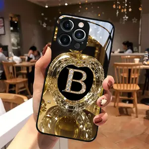 Gold Apple Crystal Design Glass Phone Case for iPhone Models 16 to X, Stylish Mobile Cover, Trendy Accessory, No Wooden Material Included