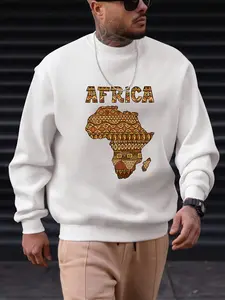 Men's casual crew neck sweatshirt, 100% polyester, slightly stretchy, loose fit, knitted fabric, 250 g/m², African map and letter print, long-sleeved pullover, suitable for sports and commuting.
