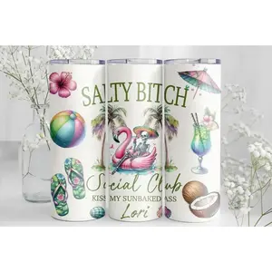 Vacation Cup, Stainless Steel Social Club 20oz Tumbler with Skeleton Flamingo Float, Beach Drinking