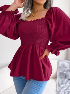 Spring Summer Casual Ruffled Edge Square Neck Flare Long Sleeve Chiffon Shirt for Women 2026 Valentine's Day Outfit,Plain Loose Fit Knit Shirt, Blouses Tops Cute Fall Outfits