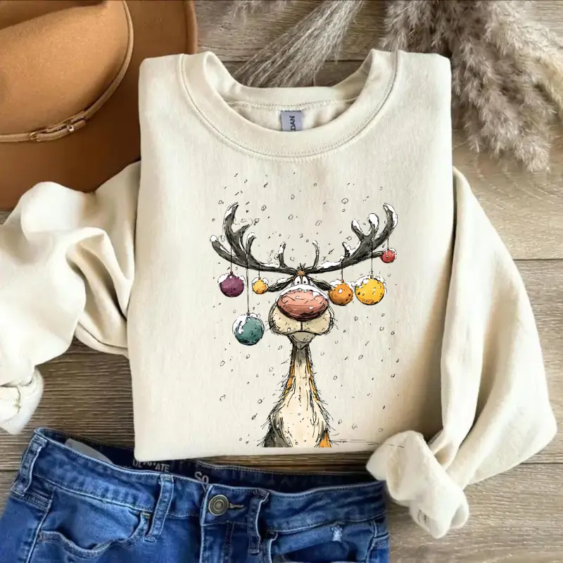 Retro Reindeer Sweatshirt, Cute Christmas Crewneck, Retro Reindeer Pullover, Merry Christmas Sweater, Cozy Holiday Gift for Women, Cotton Top Womenswear