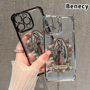 Our Lady of Guadalupe Virgin Mary Pattern Transparent Electroplated Phone Case, Reinforced Four Corner Anti-Fall Cover, Scratch-Resistant Shockproof Shell for iPhone 17 16 Pro Max 15 Plus 14 13 12 11&Samsung S26 25 24 23 22, Religious Aesthetic Case