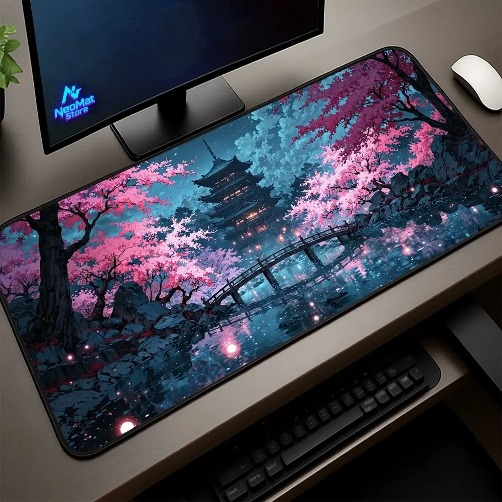 Japanese Sakura Temple Gaming Mouse Pad, Pink Cherry Blossom Landscape Extended Desk Mat, Large Anime Style Keyboard Mouse Pad