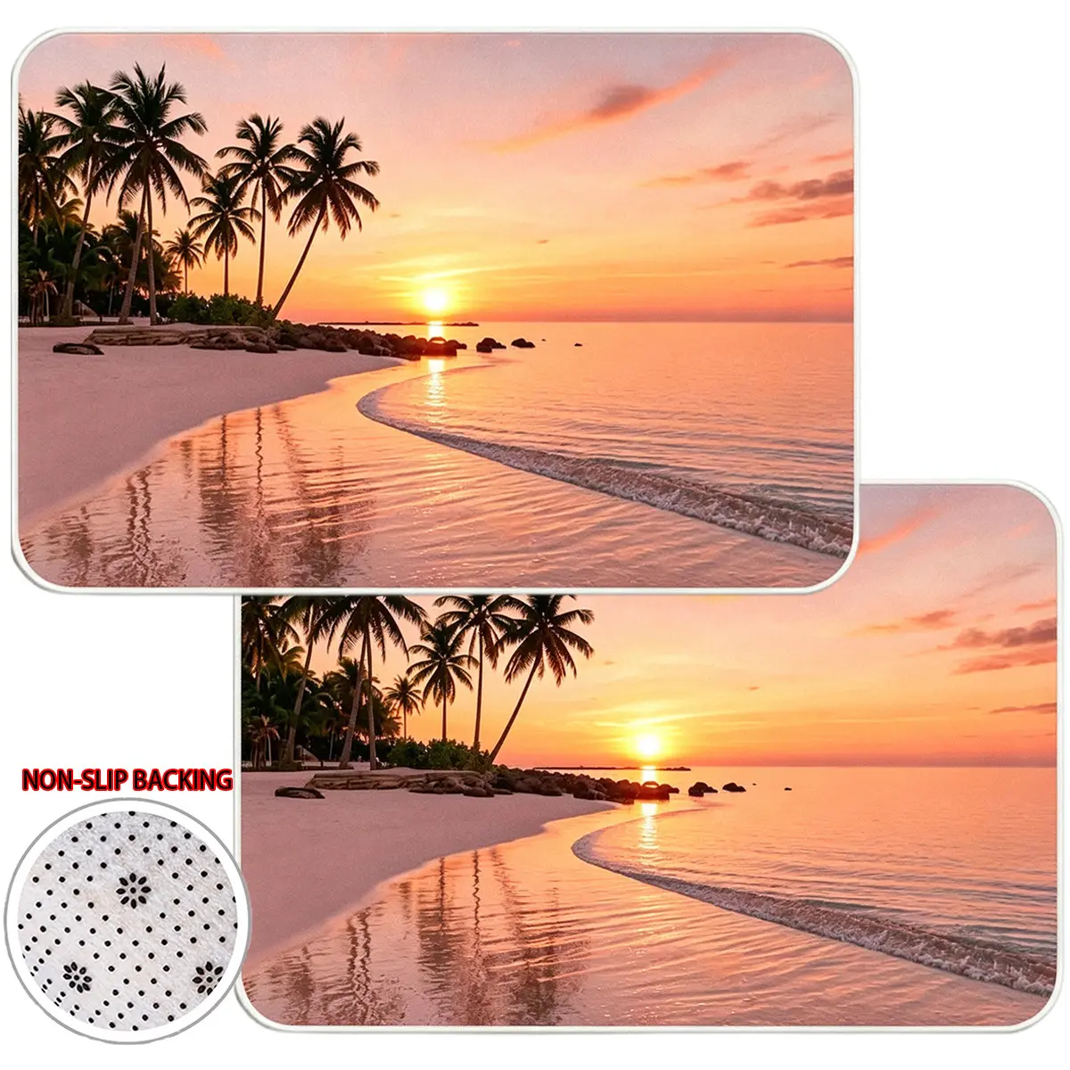 Sunset Beach Flannel Floor Mat, Tropical Palm Tree Ocean Wave Area Rug, Soft Decorative Carpet for Bedroom Living Room Bathroom Entryway Home Decor, Non Slip Floor Mat, 16x24in & 20x32in