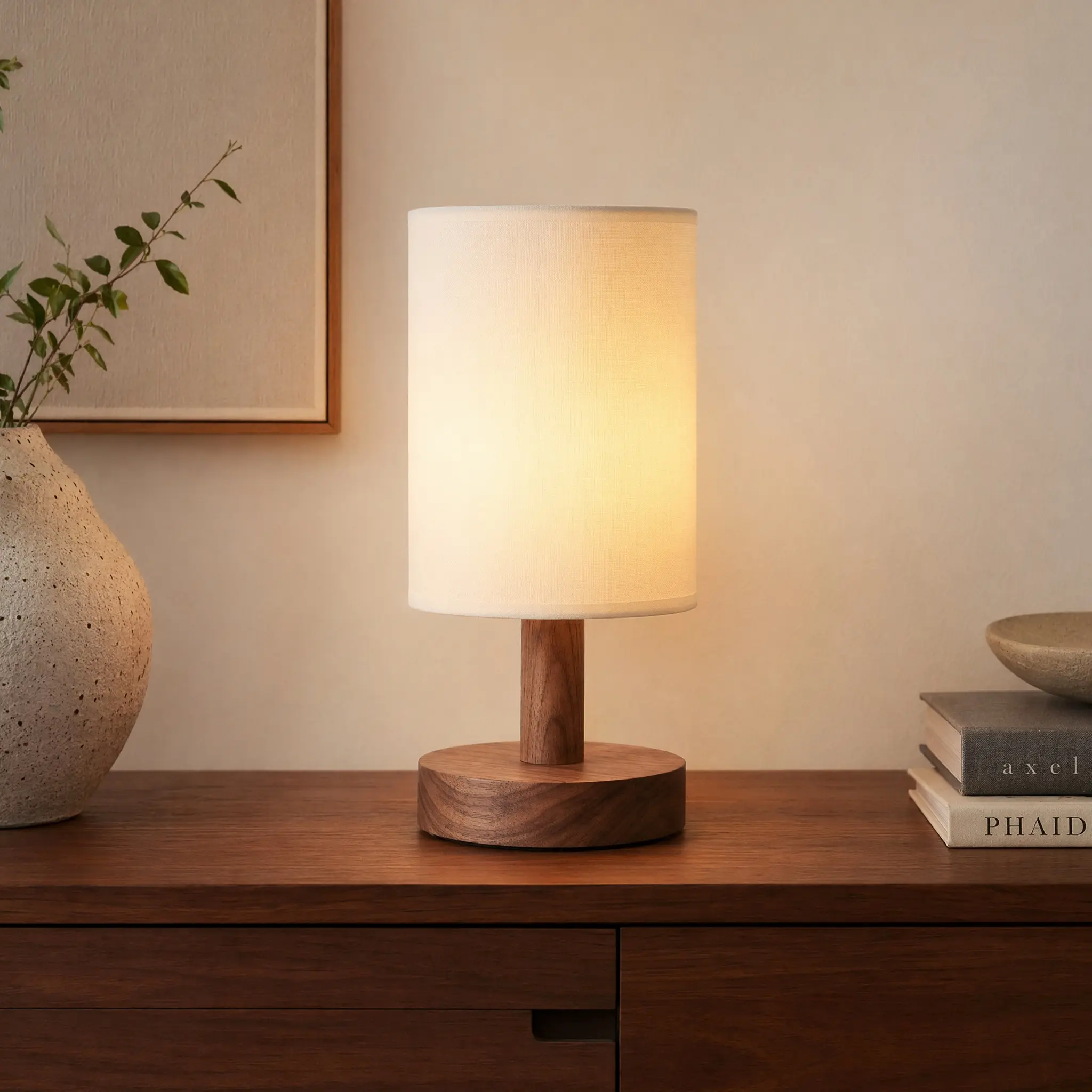 Small Bedside Table Lamp for the Bedroom, Natural Round Wood Base & Linen Fabric Shade, Cozy Night Light for Reading, Minimalist Boho Desk Lamp for Nightstands, Living Rooms, Kitchens, and Dorms(Walnut)