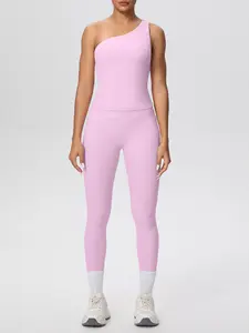 Women's Sports 2-Piece Set, Single Shoulder Sport Bra with Pads + Tummy-control Yoga Pants, Breathable Quick-Dry Gym Training Wear