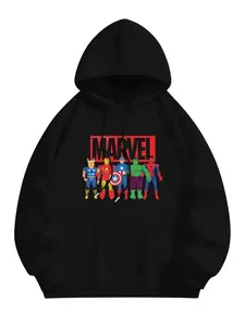 Marvel Avengers Hoodie - Black Pullover with Hood, Long Sleeve, Regular Fit, Casual Style, Suitable for All Seasons
