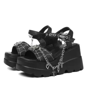 Platform Sandals Gothic Black Spider Buckle Punk Heart Chain Buckle Comfort Square Toe High Slope Heel Y2k Punk Alternative Girl Wedge Sandals For Women