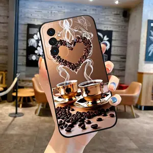 This coffee-themed heart-shaped coffee bean pattern TPU phone case features a drop-proof and non-slip design, compatible with iPhone 17, 16, 15, 14, 13, 12, 11, XS, X, and Samsung models. It makes a great gift for friends or family.