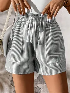 Women's Striped Print Drawstring Adjustable Waist Shorts, Casual Pocket Shorts for Summer, Fashion Women's Bottoms for Daily Wear, Everyday