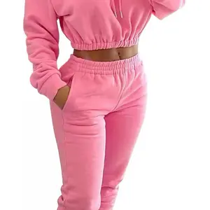 Women's Pink Long Sleeve Hooded Fleece Athletic Suit Hoodie & Trousers Two-Piece Sports Top & Bottoms Set of 2