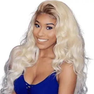 【LIVE SALE】16'' 613 Blonde Body Wave Full Lace Human Hair Lace Frontal Wig with Dark Roots TikTokShopSpringGlowUp Greenish