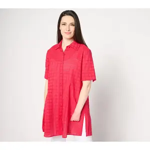 Dennis Basso Cotton Button-Front Eyelet Duster Top, Long-Sleeves Shirt with Versatile Style