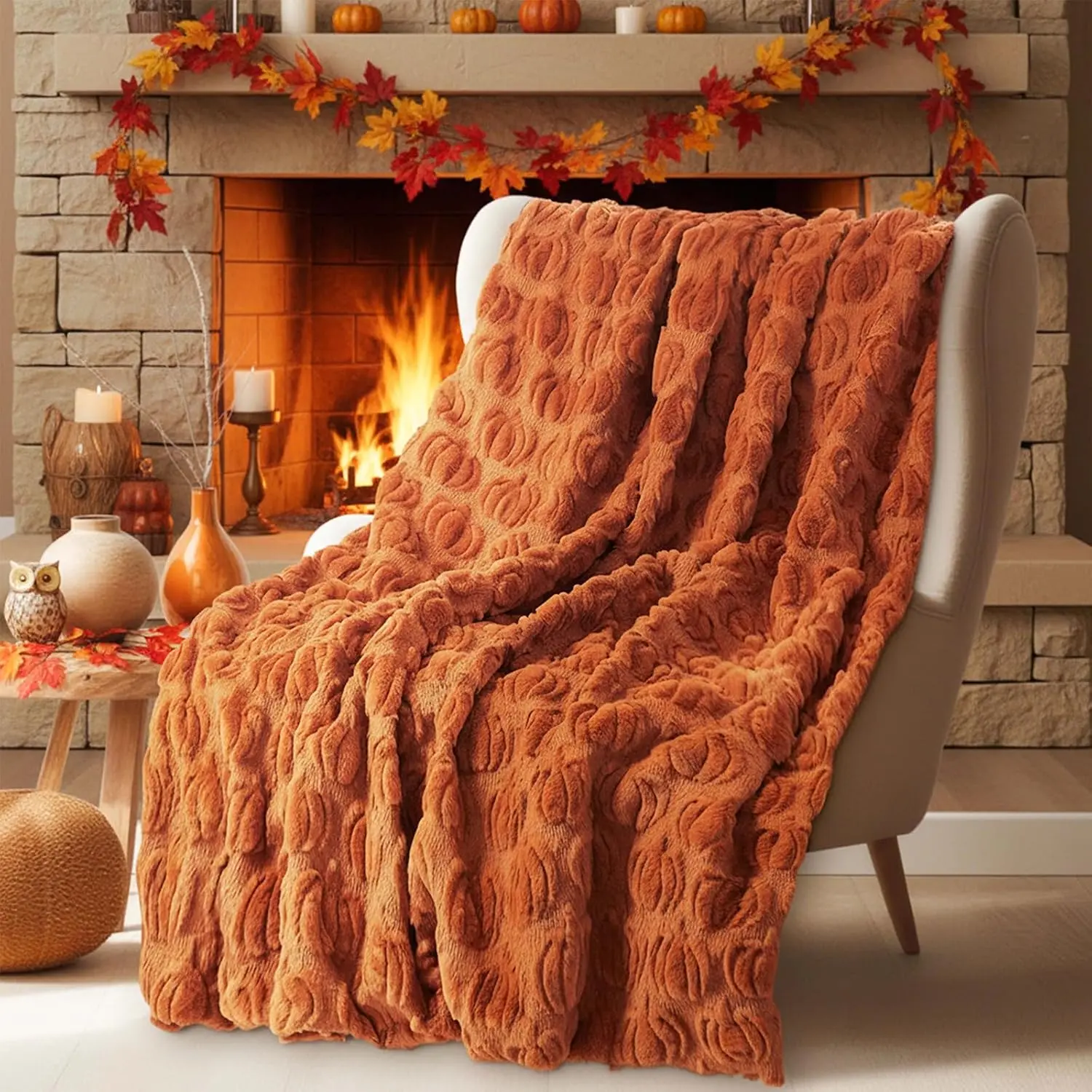 Cozy Fall Pumpkin Throw Blanket 50"x60" - Soft Faux Rabbit Fur Autumn Decor, Rust Orange Fleece Blanket for Couch Bed & Halloween Thanksgiving Gift Tegeme
