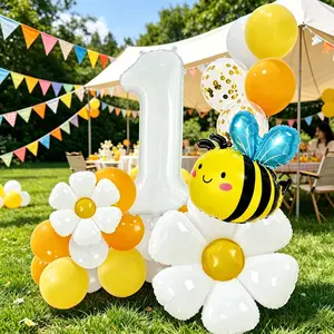 38-Piece Bee Theme Birthday Balloon Column Set, Includes 32-Inch Numbers, Daisy Balloons, Bee Aluminum Foil, Party Decorations