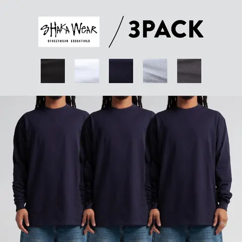 3 Pack SHAKAWEAR Men's Max Heavyweight LONG Sleeve T Shirts CasualShaka Wear Long Sleeves Shirt Work Warm Heavy Casual Hip Hop Cotton Tee (S to 5XLT)