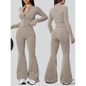 Women's Sportswear Set, Sexy Casual Fitness, Tight Elasticity Bootie Women Zipper Sports Top Set, Autumn Winter Ladies Sportwear, Solid Tracksuit Set