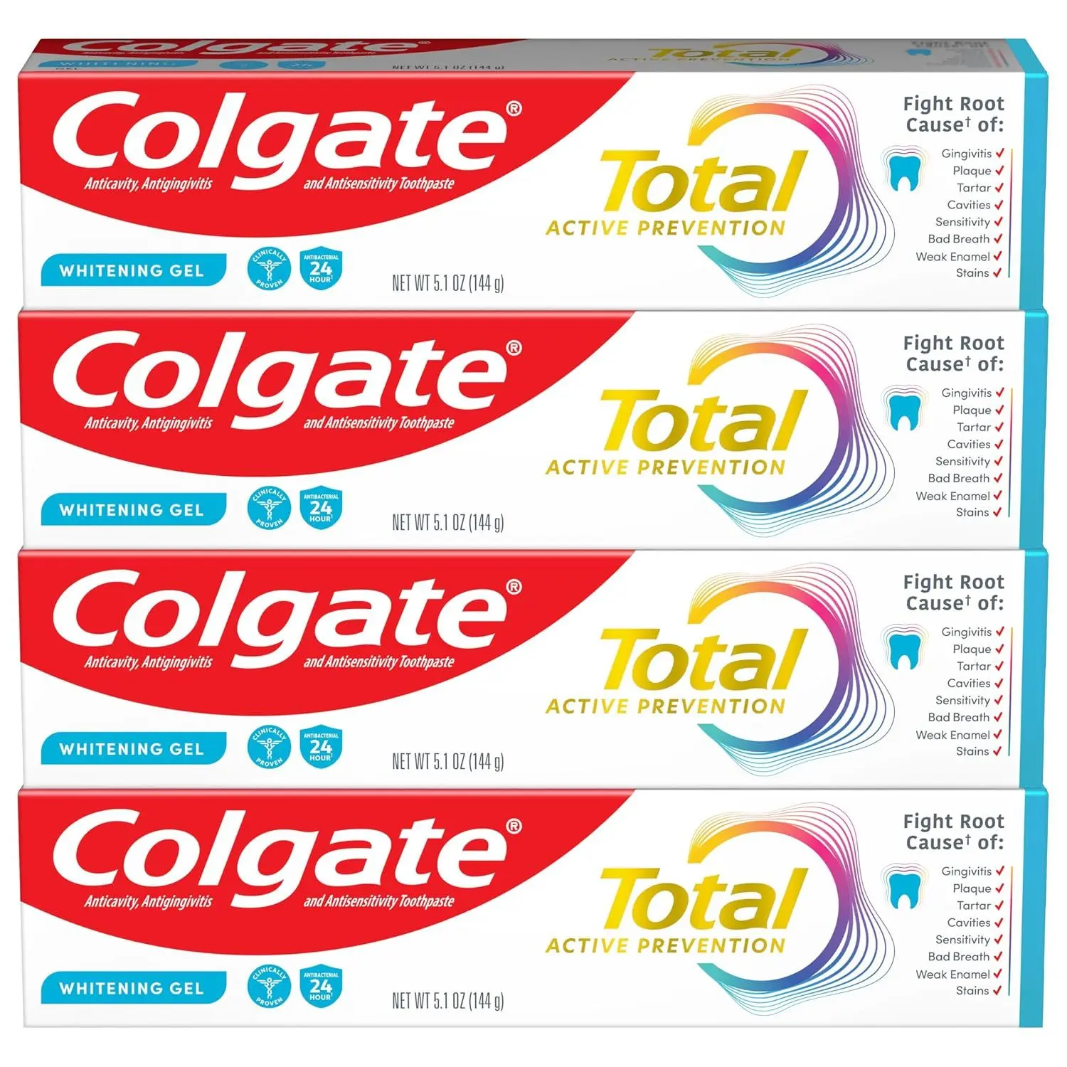 Colgate Total Whitening Toothpaste Gel with Fluoride, Bulk 4 Pack, 5.1 oz
