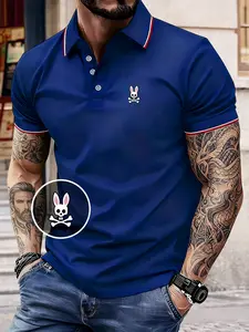 Unisex Straight Fit Casual Sport Polo Shirt, Short Sleeve, Micro Stretch Fabric, Rabbit Skull Design, Outdoor Running Equestrian Golf Wear, Golf T Shirts