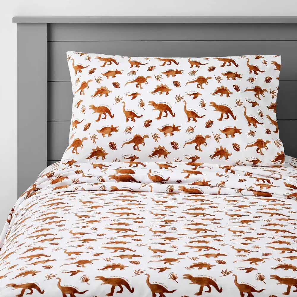 Queen Dinosaur Cotton Kids' Sheet Set Watercolor Brown - Pillowfort: Dinosaur Bedding 4-Piece OEKO-TEX Certified