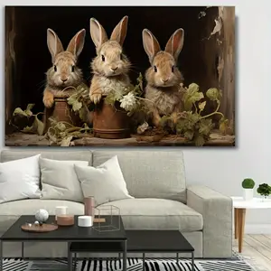 2D Flat, 1pc Charming Easter Bunny & Floral Canvas Wall Art - Pine Wood Framed, Bohemian Style - Perfect for Bedroom, Living Room & Bathroom Decor, Thoughtful Gift for Easter, Ready to Hang, 2D Flat