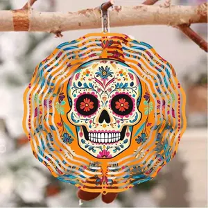 Vibrant Skull Wind Chime with Floral Patterns Colorful Metal Outdoor Hanging Decor for Garden Patio Yard Durable Wind Chimes for Outside Decorative Accent Piece Perfect Gift