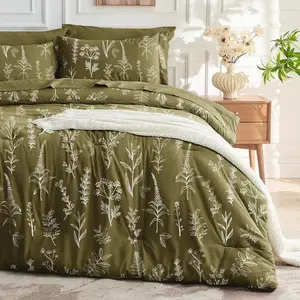 Olive Green Bed in a Bag  7 count,  Comforter Set Reversible Botanical  Design, Ultra Soft & Breathable Bedding Sets with Comforter, Sheets, Pillowcases & Shams