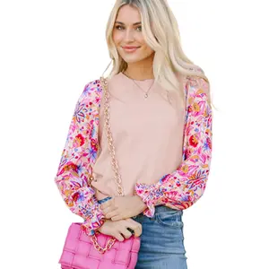 Women's Oatmeal Floral Printed Patchwork Smocked Lantern Sleeve Knit Sweater