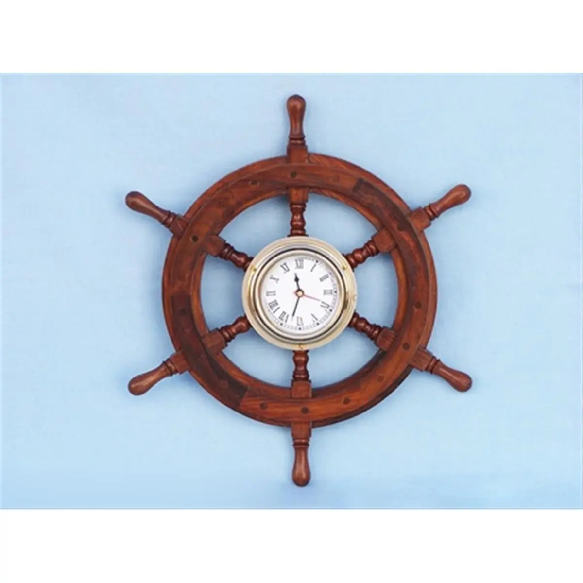 212 MAIN Deluxe 6-Spoke Wooden and Brass Working Ship Wheel Clock - 12 in. Handcrafted Shisham Wood Battery-Operated Decorative Nautical Wall Clock, Resistant Home Accent Room Decor