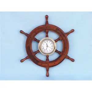 Handcrafted Model Ships  Deluxe Class Wood And Brass Ship Wheel Clock 12 in. Ship Wheels Decorative Accent