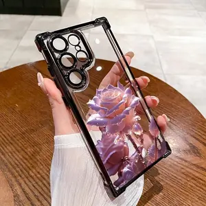 Luxury Crystal Pink Rose Luxury Fashionable Ins Four Corner Airbag Anti-drop,Slip Phone Cases for Samsung Galaxy S25 S24 S23 S22 FE Ultra EDGE 4G 5G Matte Back Shockproof Cover,To Family,Boy,Girl,Friends,Man,Women As A Birthday Gift