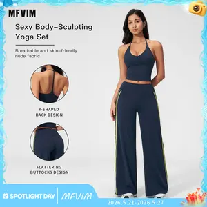 MFVIM women’s yoga sports tank top and high-waisted striped wide-leg pants set, suitable for outdoor running, workouts, and gym training