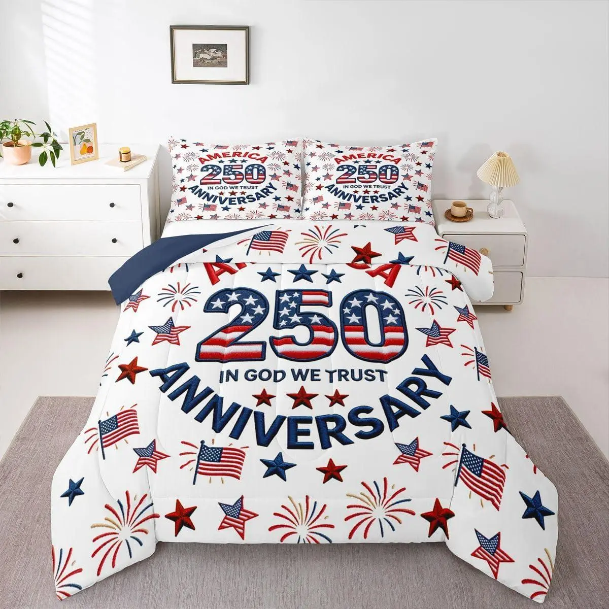 Patriotic 250th Anniversary Comforter Set 4th of July Bedding Set America Star Print Duvet Quilt Red Blue Bedroom Decor