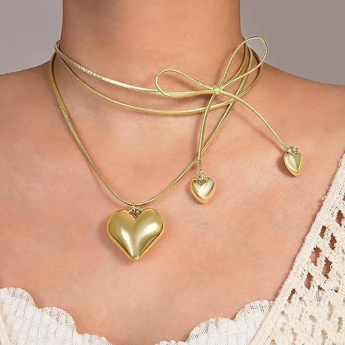 BloomWish S Gold Heart Necklace for Women Bow Layered Tie Wrap Choker Charm Chunky Pendant Dainty Statement Necklace Birthday Christmas Jewelry Gifts