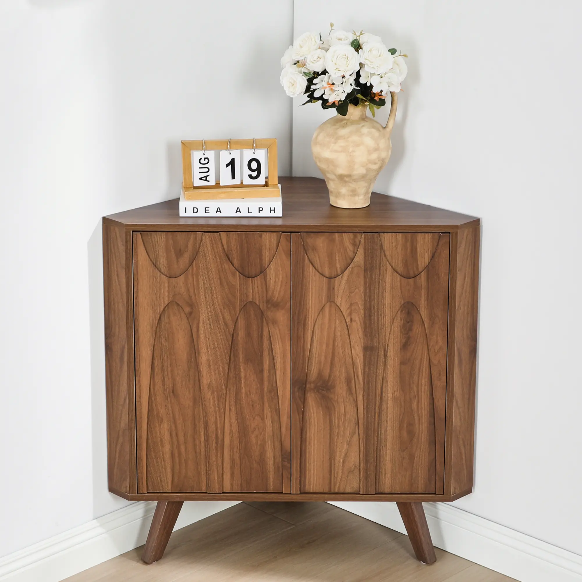 Intresting Looking Rounded Triangular Cupboard Giratree Retro Walnut Corner Cabinet with Adjustable Shelf - TikTok Shop