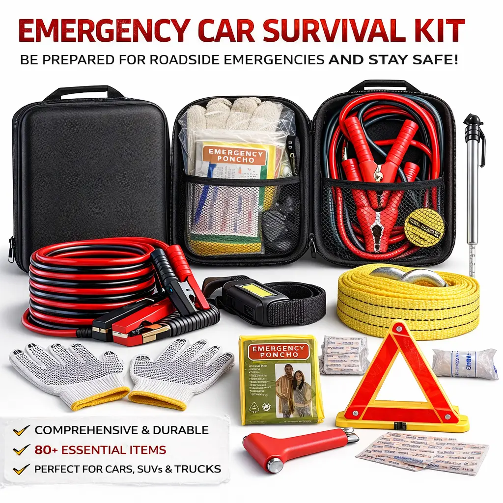Car Roadside Emergency Kit, with Jumper Cables Automotive Kit,Car Safety Roadside Assistance Kit Headlamp,Tow Straps, Safety Hammers, Rainwear, Gloves.Black