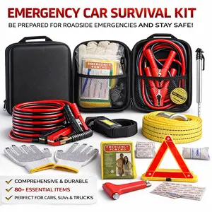 Car Roadside Emergency Kit, with Jumper Cables Automotive Kit,Car Safety Roadside Assistance Kit Headlamp,Tow Straps, Safety Hammers, Rainwear, Gloves.Black