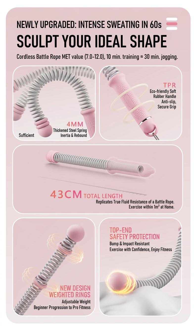 Professional Cordless Battle Ropes for Home Gym - Weighted Training Ropes for Arm & Core Strength (Black/Pink)