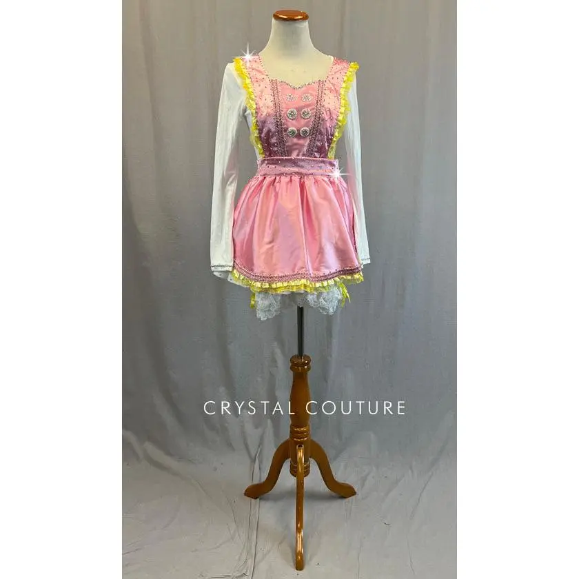 Custom Pink Satin Apron with Ruffles and White Leotard - Rhinestones
