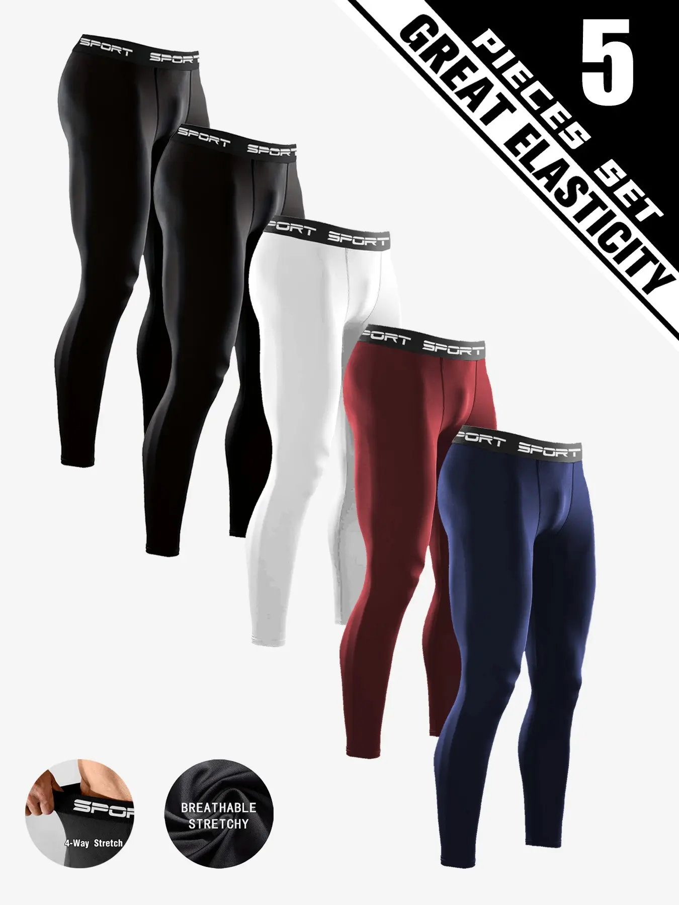 5-Pack Men's Athletic Pants, Quick Dry Breathable Running Pants, High Stretch Polyester Spandex Training Pants, Gym Sportswear Bottoms, Sports Pants for Gym Workouts, Running, Everyday Casual Active Wear, Breathable Activewear Bottoms