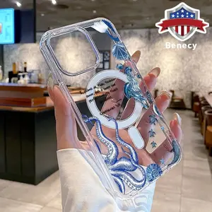 Magnetic Phone Case Supports Wireless Charging for iPhone 15 16 14 Pro Max 13 12 11 XR XS Plus E Cartoon Octopus Pattern Non-Yellowing Silicone Transparent Acrylic Large Hole Drop Protective Cover