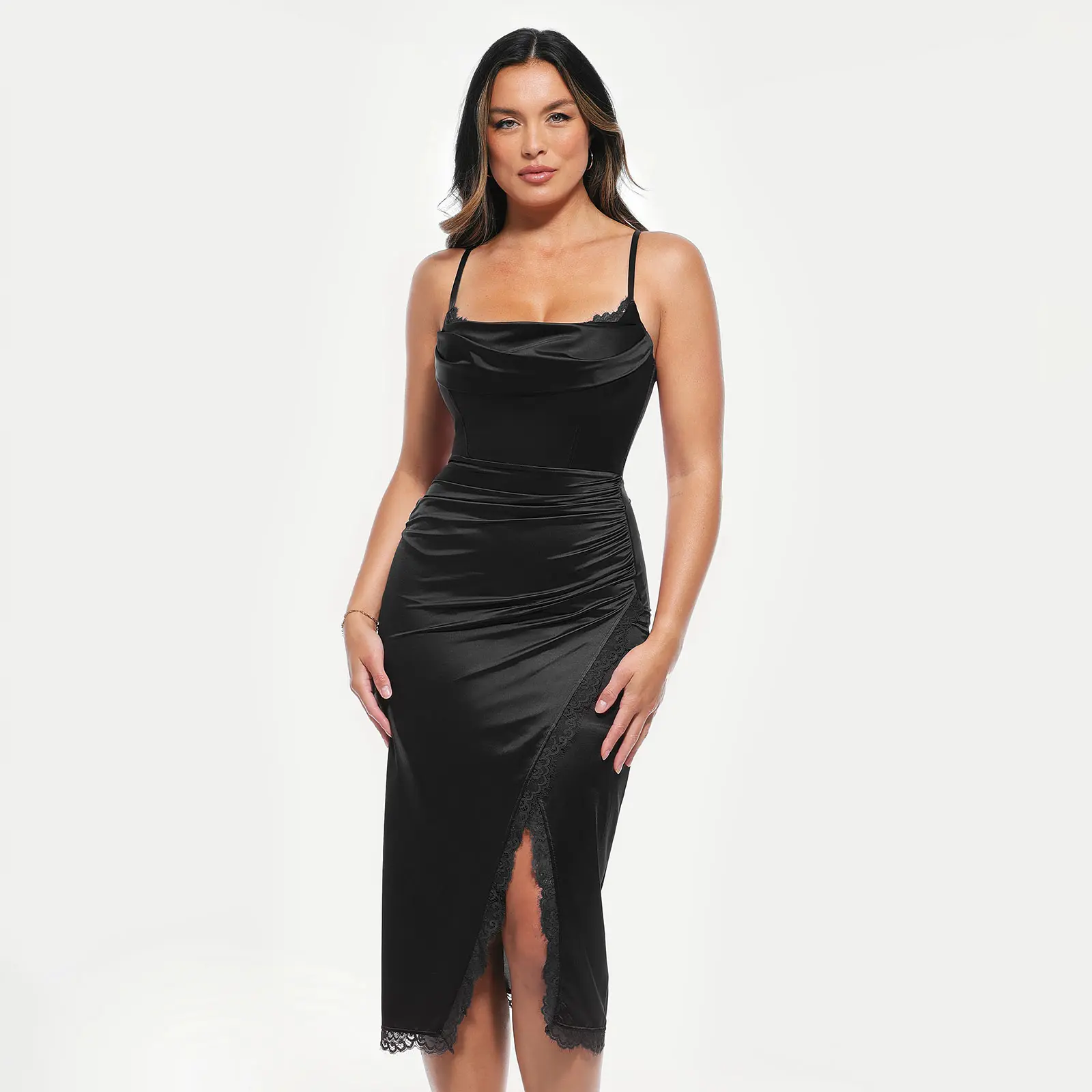 Popilush Black Midi Dress Cowl Neck Spaghetti Strap with Lace Trim, Elegant  Side Slit Formal Gown for Women - TikTok Shop