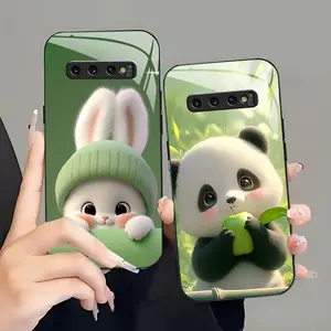 Black edge light green rabbit and panda for【Galaxy S10 4g】white light glass phone case--975
